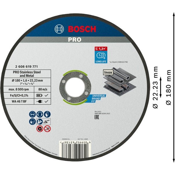 Bosch PRO Stainless Steel and Metal Trennscheibe 180 x 1,6 x 22,23 mm - 2608619771