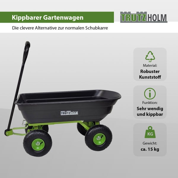 Kippbarer Gartenwagen mit Kunststoffwanne und vier Rädern