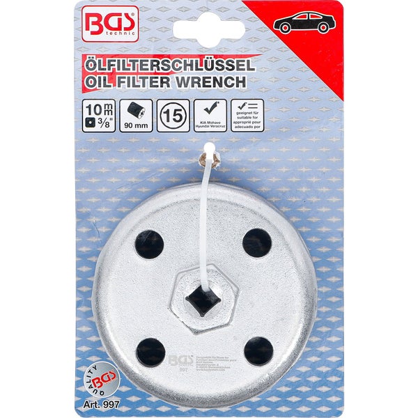 BGS technic Ölfilterschlüssel mit 10 Millimeter und 3/8 Zoll Anschluss sowie 90 Millimeter Durchmesser