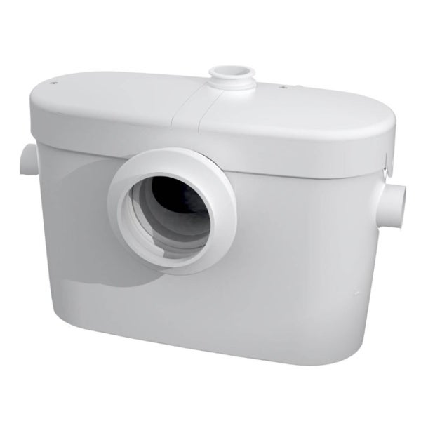 Modernes, organisiertes Badezimmer mit dunkelgrauen Wandfliesen, Toilette inklusive Hebeanlage, Aufsatzwaschbecken und Spiegel.