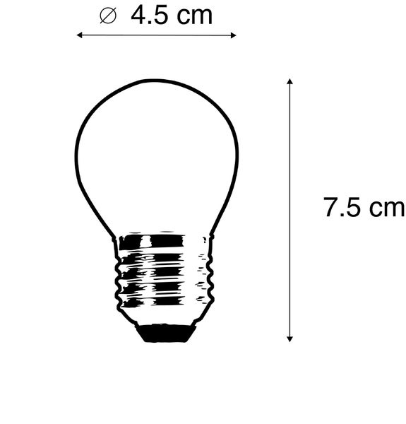 Skizze einer Glühbirne mit Maßen: Durchmesser 4.5 Zentimeter, Höhe 7.5 Zentimeter.