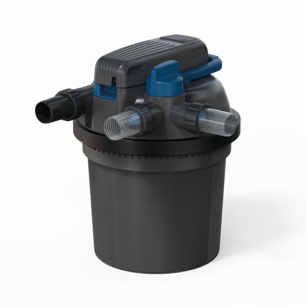 Teichdruckfilter aus Kunststoff in Schwarz und Blau mit drei Schlauchanschlüssen und Regler.