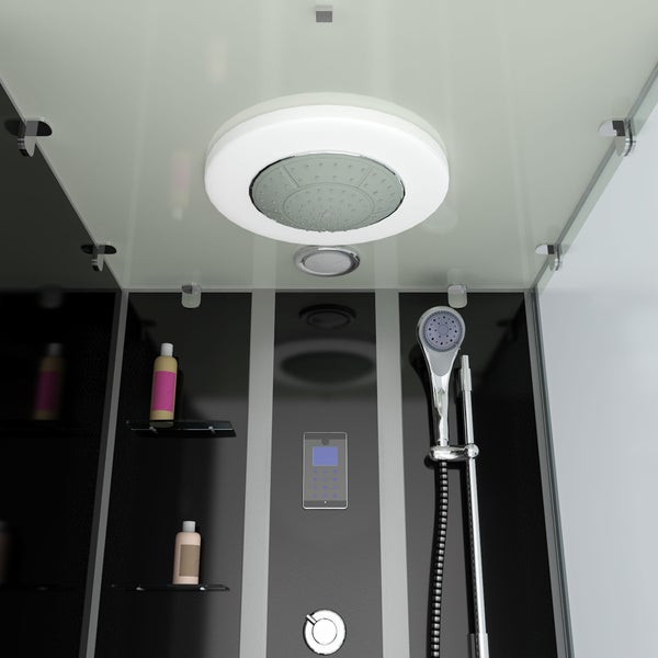 Innenansicht einer modernen, hellen Duschkabine mit runder Regendusche inklusive LED-Beleuchtung, digitalem Bedienfeld, Handbrause und Glasablagen.