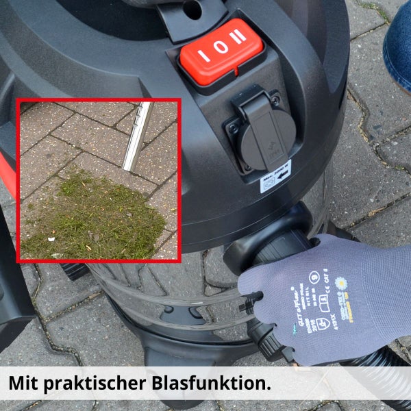 Mehrzwecksauger mit Blasfunktion zum Entfernen von Schmutz auf Pflastersteinen, inklusive Steckdose und Schalter.