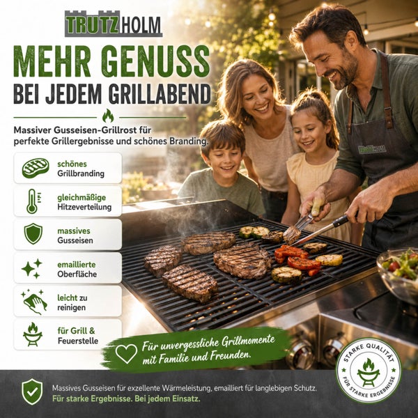Familie beim Grillen mit einem Trutzholm Gusseisen Grillrost, der für gleichmäßige Hitzeverteilung, schönes Branding und leichte Reinigung sorgt.