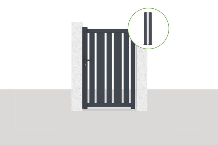 Gartentor aus Aluminium in Anthrazit mit vertikalen Latten, inklusive Drückergarnitur und zwei Pfosten.
