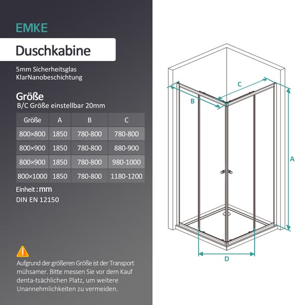 EMKE Duschkabine aus 5 Millimeter Sicherheitsglas mit Maßtabelle und technischer Zeichnung zur Veranschaulichung der Abmessungen A, B, C und D.