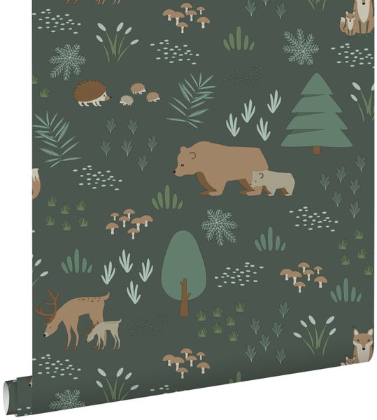 ESTAhome Tapete Wald mit Waldtieren Dunkelgrün - 53 cm x 10.05 m - 139249