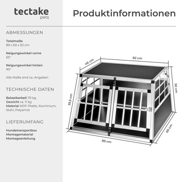 Produktinformationen: Hundetransportbox mit Maßangaben