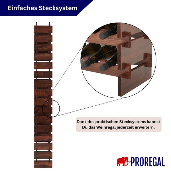 Modulares Weinregal aus Holz mit einfachem Stecksystem zur flexiblen Erweiterung.