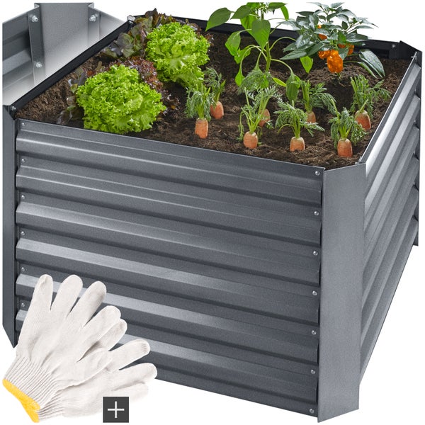 Hochbeet aus Metall mit Salat, Karotten, Paprika und Gartenhandschuhen