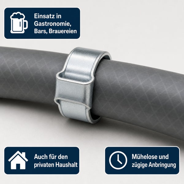 Eine metallene Schlauchklemme an einem Schlauch mit Hinweisen zur Eignung für Gastronomie, Privathaushalt und zur schnellen Montage.