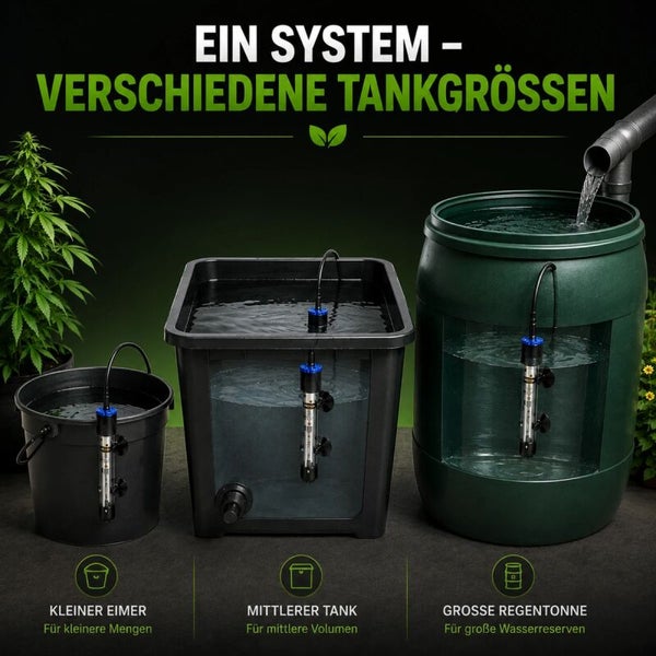 Heizstab in verschiedenen Behältern wie Eimer, Wassertank und Regentonne zur Wassererwärmung für Garten und Pflanzenbewässerung.
