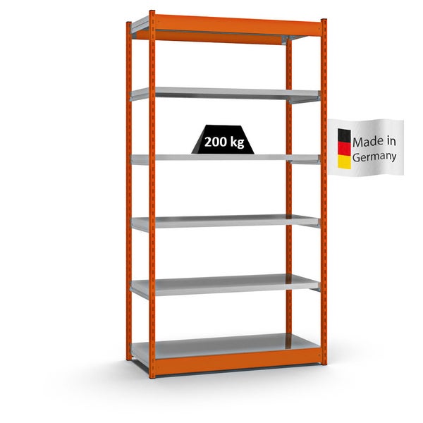 PROREGAL Fachbodenregal Stecksystem Vierkant-Profil Grundregal HxBxT 250 x 132,5 x 50 cm 6 Ebenen Einseitige Bauart Fachlast 200 kg Orange