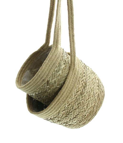 FRANK FLECHTWAREN | Hängekorb Seegras, 2er Set, SEEGRAS, JUTE, FOLIE, Ø 20 x 15cm , Ø 25 x 20 cm