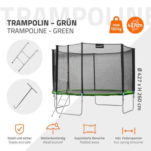 Hauki Trampolin Outdoor, Ø427 cm, Grün, GS geprüft, Rundes Gartentrampolin für Kinder bis 150 kg, Komplettset mit Sicherheitsnetz, Leiter, Randabdeckung, Gepolsterte Stangen, Stabile Kindertrampolin