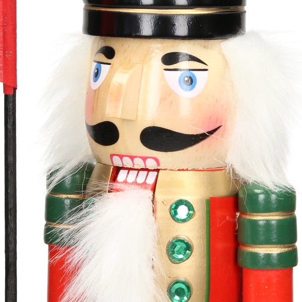 ECD Germany Nussknacker Figur Soldat 38cm mit schwarzer Hut, Fahne, aus Holz, Unikat, handbemalt, Weihnachten Holzfigur Puppet Marionette Ornament Traditioneller Nussbrecher Weihnachtsdeko Deko Statue