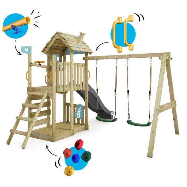 WICKEY Spielturm Klettergerüst FarmFlyer mit Schaukel und Rutsche, Kletterturm mit Sandkasten, Leiter und Spiel-Zubehör – pastellblau