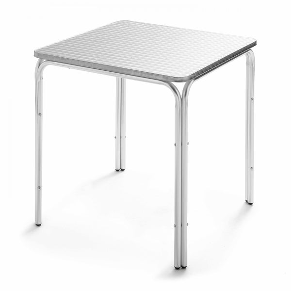 Quadratischer Bistrotisch aus Aluminium mit strukturierter Tischplatte und vier Beinen.