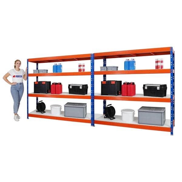 PROREGAL Mega Deal 2x Profi Schwerlastregal Rhino HxBxT 180 x 200 x 60 cm 4 Melamin-Ebenen 16mm Fachlast 500 kg Blau-Orange