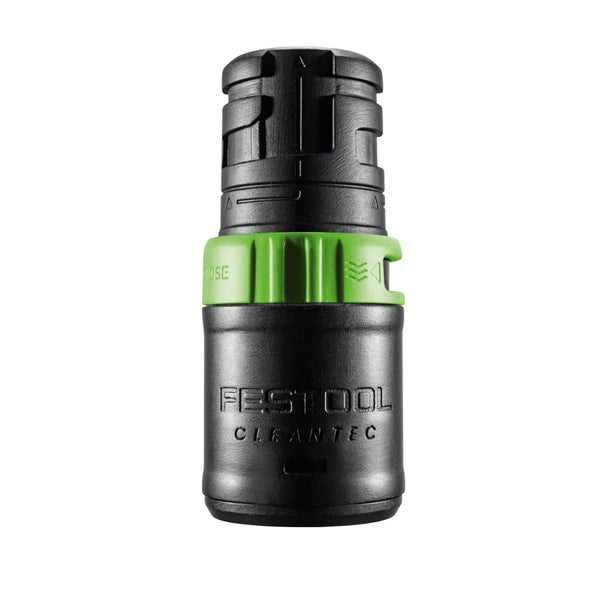 Festool Cleantec Anschlussmuffe aus Kunststoff in Schwarz und Gruen mit Bajonettverschluss fuer Absaugschlaeuche.