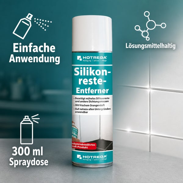 Hotrega Silikonreste-Entferner Spraydose mit 300 Milliliter Inhalt zur einfachen Entfernung von Silikonresten und Dichtungsmassen mit Orangenduft.