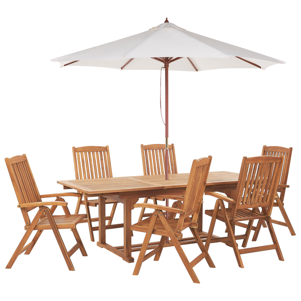 Gartenmöbel Set 6-Sitzer JAVA mit Schirm (12 Optionen) Akazienholz Hellbraun