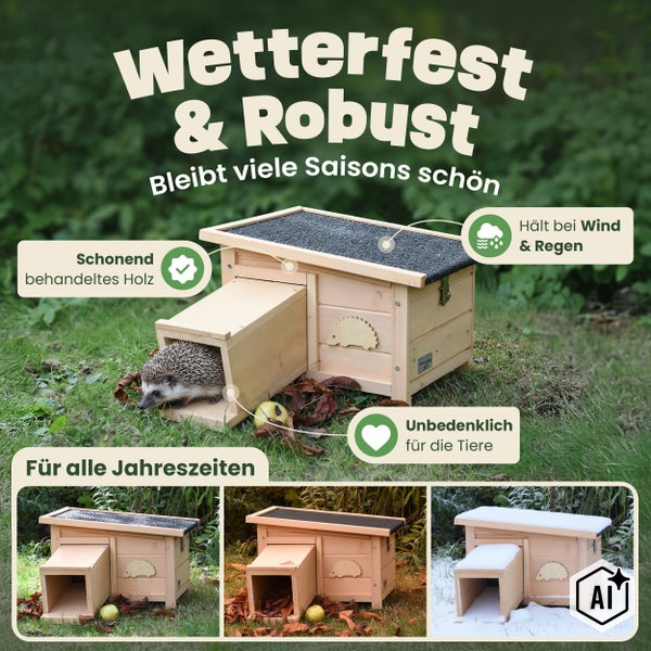 Wetterfestes Igelhaus aus Holz mit schützendem Dach und Eingangstunnel für den Garten zu jeder Jahreszeit