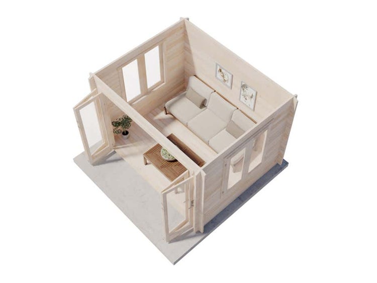 Innenansicht eines Gartenhauses aus hellem Holz mit Sofa, Couchtisch und offenen Glastüren. Helle und organisierte Atmosphäre.