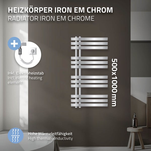 ECD Germany Iron EM Design Badheizkörper Elektrisch mit Heizstab 600 W - 500 x 1000 mm - Chrom - Designheizkörper Paneelheizkörper Heizkörper Handtuchwärmer Handtuchtrockner
