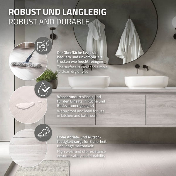 ML-Design Deluxe PVC Bodenbelag, Selbstklebende Vinyl-Dielen, Vinylboden, 91,5 cm x 15,3 cm x 2 mm, Dicke 2 mm, 4,46m²/32 Dielen, Weiß Eiche, Holzoptik, rutschfest, wasserfest, Einfache Verlegung