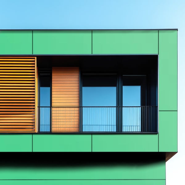 Außenansicht eines Gebäudes mit Fassadenverkleidung, Fenstern und Balkon