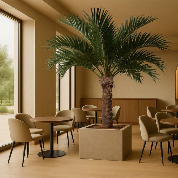 Große künstliche Palme im quadratischen Pflanzgefäß in einem modernen, hellen Café mit Holztischen und Polsterstühlen.
