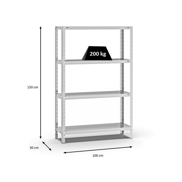 PROREGAL Fachbodenregal Schraubsystem Medium-Duty Grundregal HxBxT 150 x 100 x 30 cm 4 Ebenen Fachlast 200 kg Beidseitig Nutzbar Lichtgrau