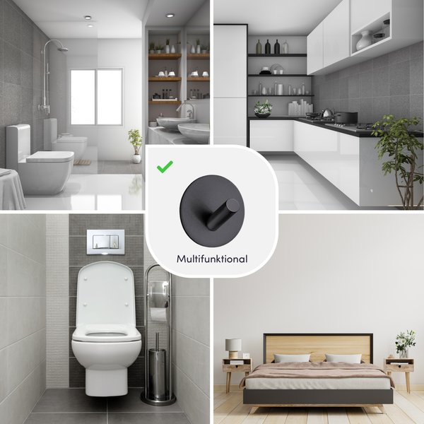 Schwarzer multifunktionaler Wandhaken, dargestellt in verschiedenen Wohnbereichen wie Badezimmer, Küche und Schlafzimmer.