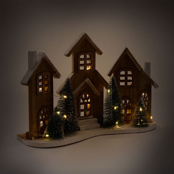 ECD Germany LED Holz Weihnachtsdorf, 38x12x27 cm, 20 LEDs warmweißes Licht, Weihnachtsdekoration, Winterdorf batteriebetrieben (2xAA), Weihnachtsstadt, Deko Häuser, Weihnachtsszene mit Beleuchtung