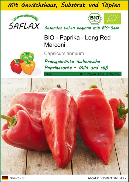 SAFLAX Anzucht Set - BIO - Paprika - Long Red Marconi - Capsicum annuum - 20 Samen - Mit Mini-Gewächshaus, Anzuchtsubstrat und 2 Töpfen