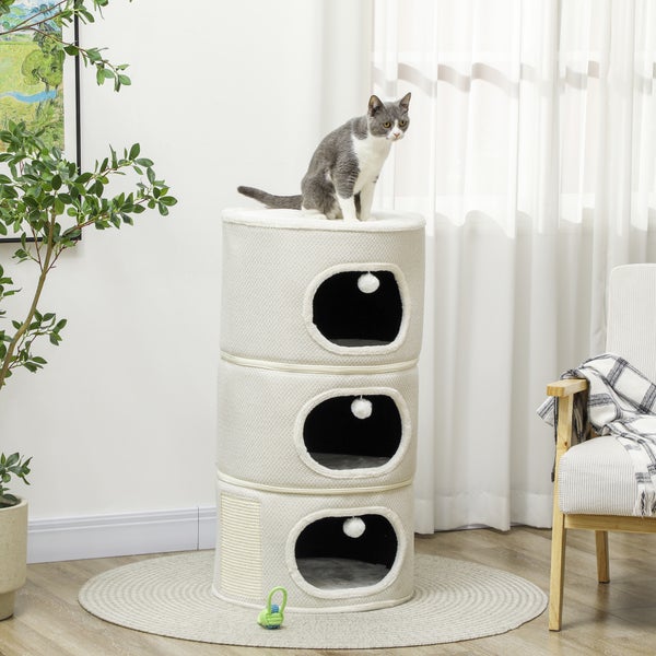 PawHut Kratztonne, 100 cm hoch Katzentonne mit 3 Höhle, Kratzbaum mit Spielbällen, Katzenturm aus Sisal, für Katze bis 6 kg, Beige+Cremeweiß
