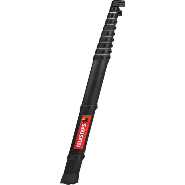 Schwarze Telesteps Teleskopstange im eingefahrenen Zustand mit Telesteps Logo.