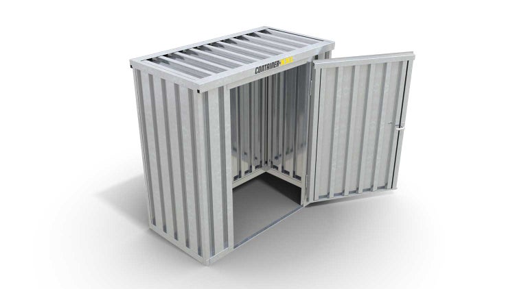 Lagercontainer Gerätehaus XS  – 2 qm, H2115 x B2100 x T1140 mm, verzinkt, ohne Fußboden, 1270 mm Einflügeltür mittig in Breitseite, zerlegt