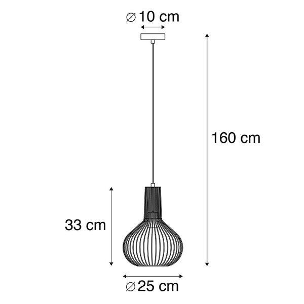 Technische Zeichnung einer Pendelleuchte mit den Maßen: Durchmesser oben 10 cm, Durchmesser unten 25 cm, Höhe Lampenschirm 33 cm, Gesamthöhe 160 cm.