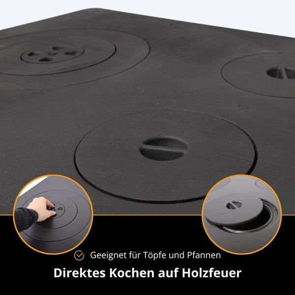 Gusseiserne Herdplatte für Holzöfen mit herausnehmbaren Ringen zum direkten Kochen über dem Feuer. Geeignet für Töpfe und Pfannen.