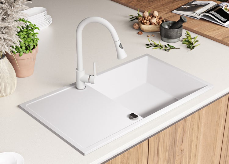 PRIMAGRAN Spülbecken Weiß 90x50cm, Granitspüle 1 Becken + Ablauf-Set, Küchenspüle ab 60er Unterschrank - Ibiza