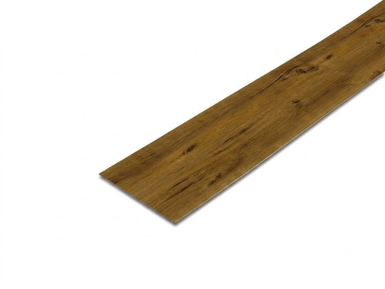Eine einzelne Designboden Diele mit rustikaler Holzoptik und ausgeprägter Maserung