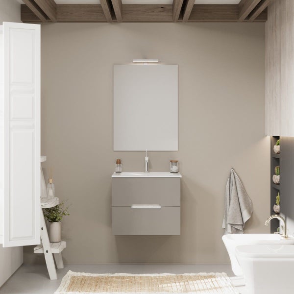 Möbelset für das Badezimmer 60cm, Holzoptik Eiche weiß und matt graue Auszüge | Magnolia