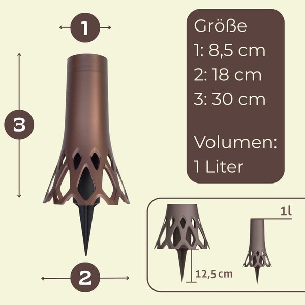 Abmessungen des Erdspießes: Höhe 30 cm, Durchmesser oben 8,5 cm, Durchmesser unten 18 cm, Volumen 1 Liter.