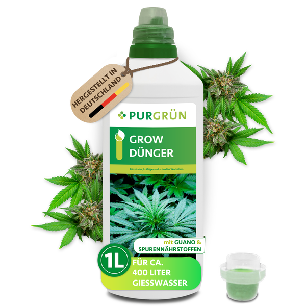 Purgrün Grow Flüssigdünger in 1 Liter Flasche mit Guano und Spurennährstoffen für circa 400 Liter Gießwasser, hergestellt in Deutschland.