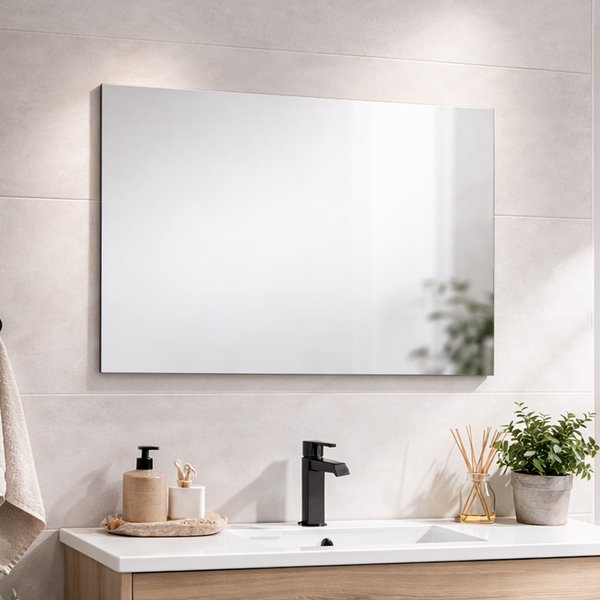 Rechteckiger Badezimmerspiegel über Waschbecken mit Armatur