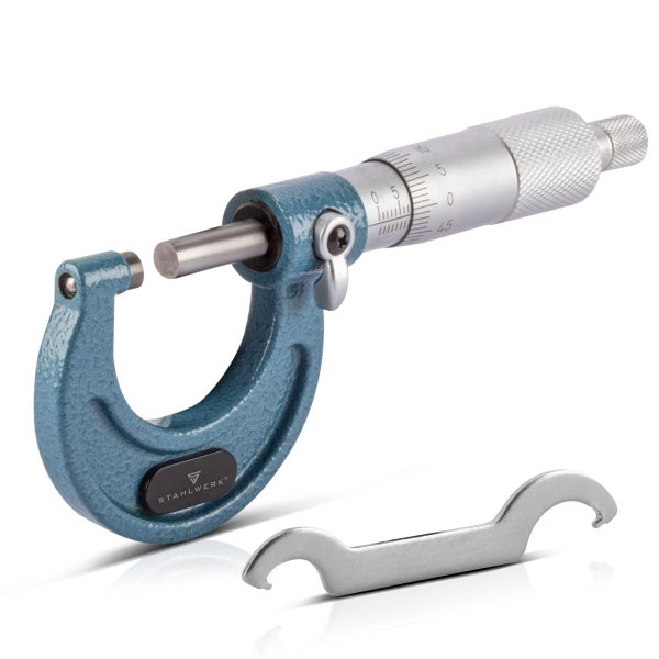 Stahlwerk Bügelmessschraube in Blau mit Einstellschlüssel, analoges Messwerkzeug aus Metall.