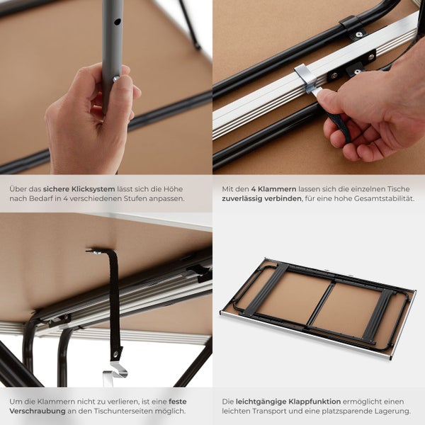 Details eines Klapptisches, der eine Höhenverstellung, Verbindungsklammern, feste Verschraubung und eine Klappfunktion zeigt.
